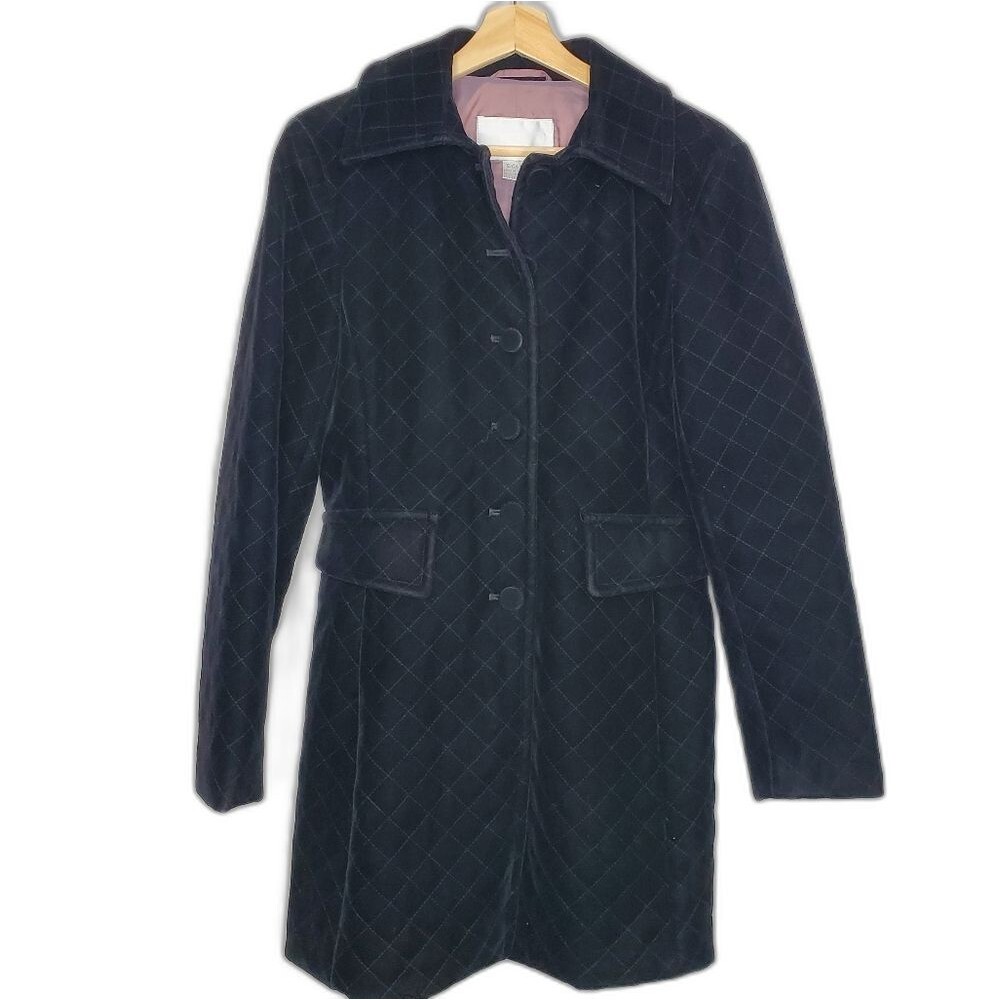 Nine West Black Quilted Velvet Button Up Long Coat Size Small